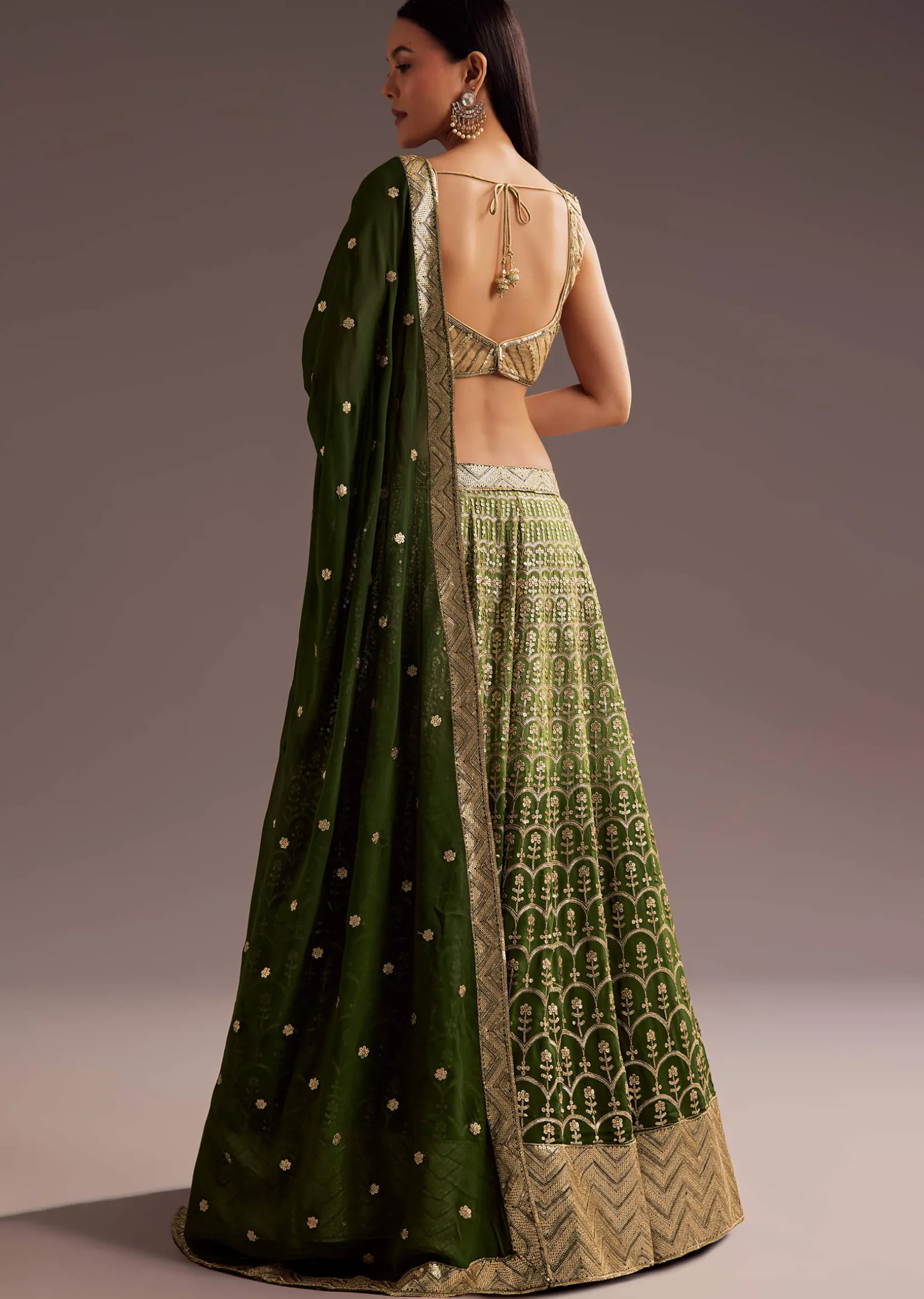 Green Gold Ombre Sequins Zari Georgette Lehenga Set