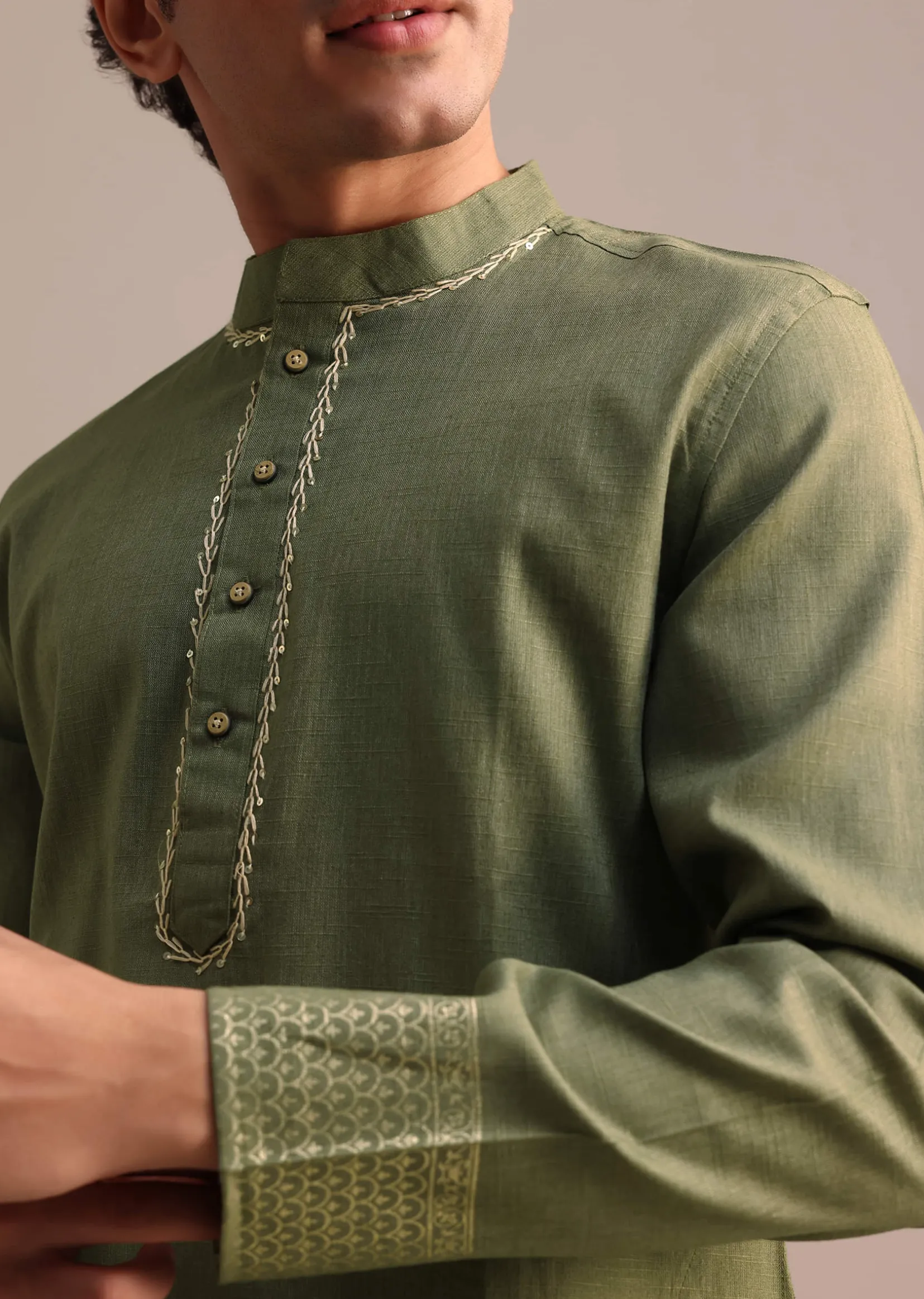 Green Hand Block Printed Kurta Set For Men