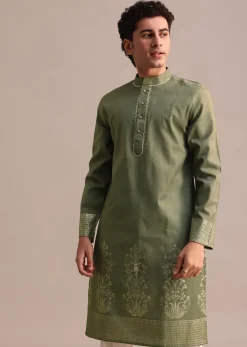 Green Hand Block Printed Kurta Set For Men