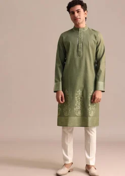Green Hand Block Printed Kurta Set For Men