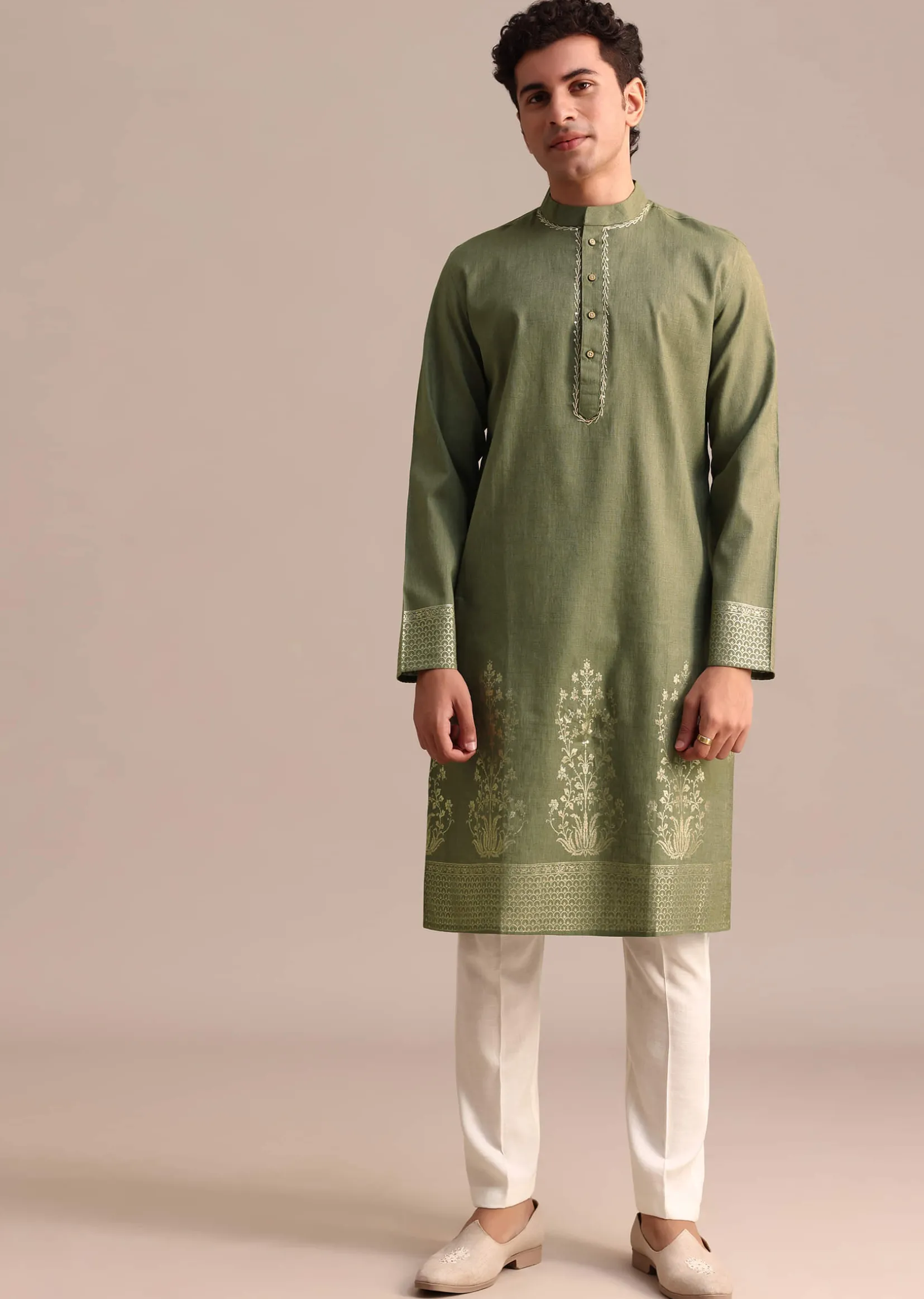 Green Hand Block Printed Kurta Set For Men