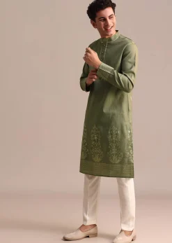 Green Hand Block Printed Kurta Set For Men