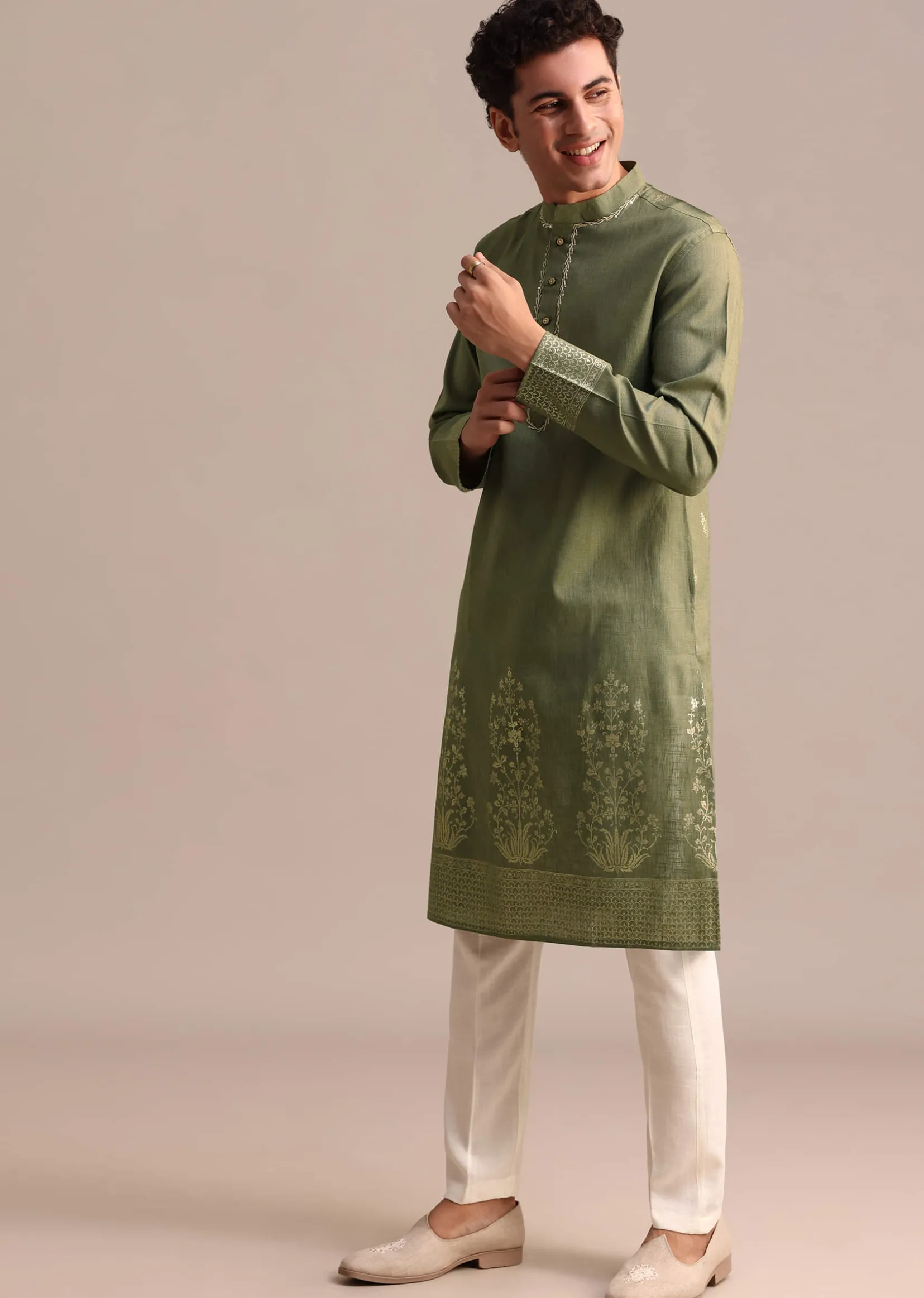 Green Hand Block Printed Kurta Set For Men