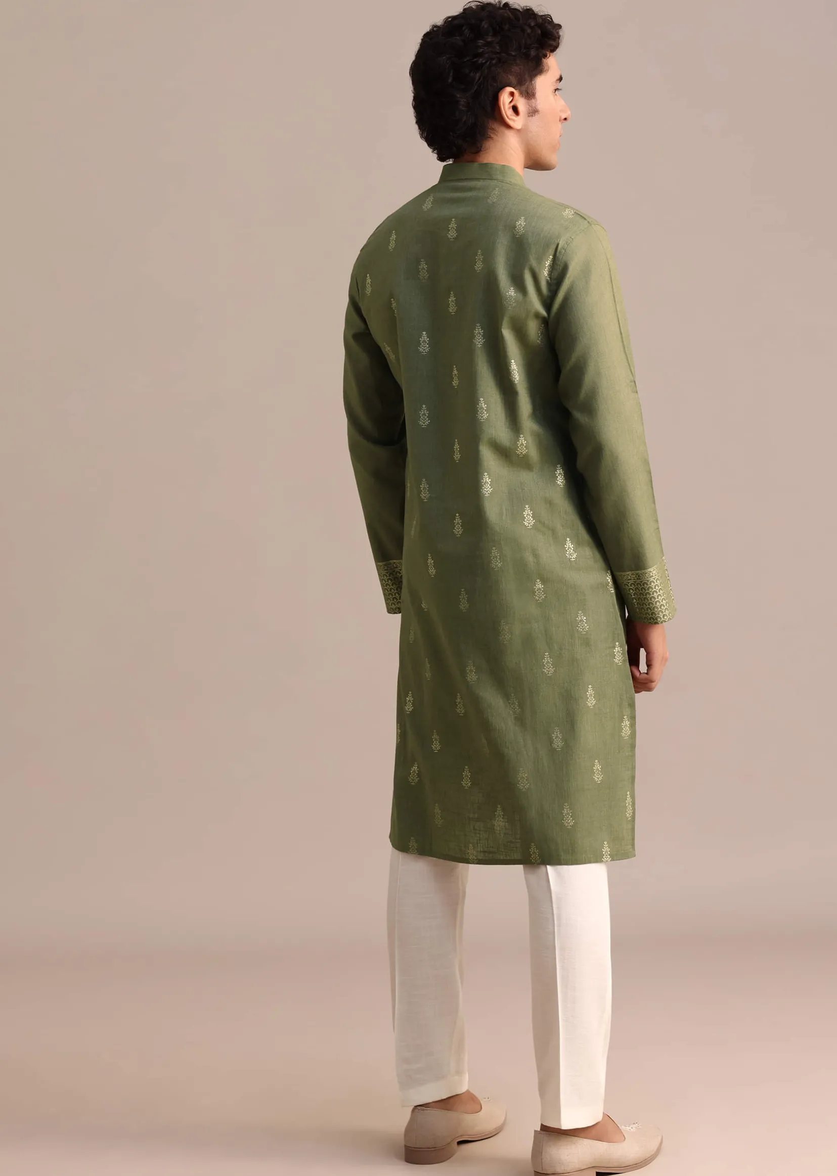 Green Hand Block Printed Kurta Set For Men
