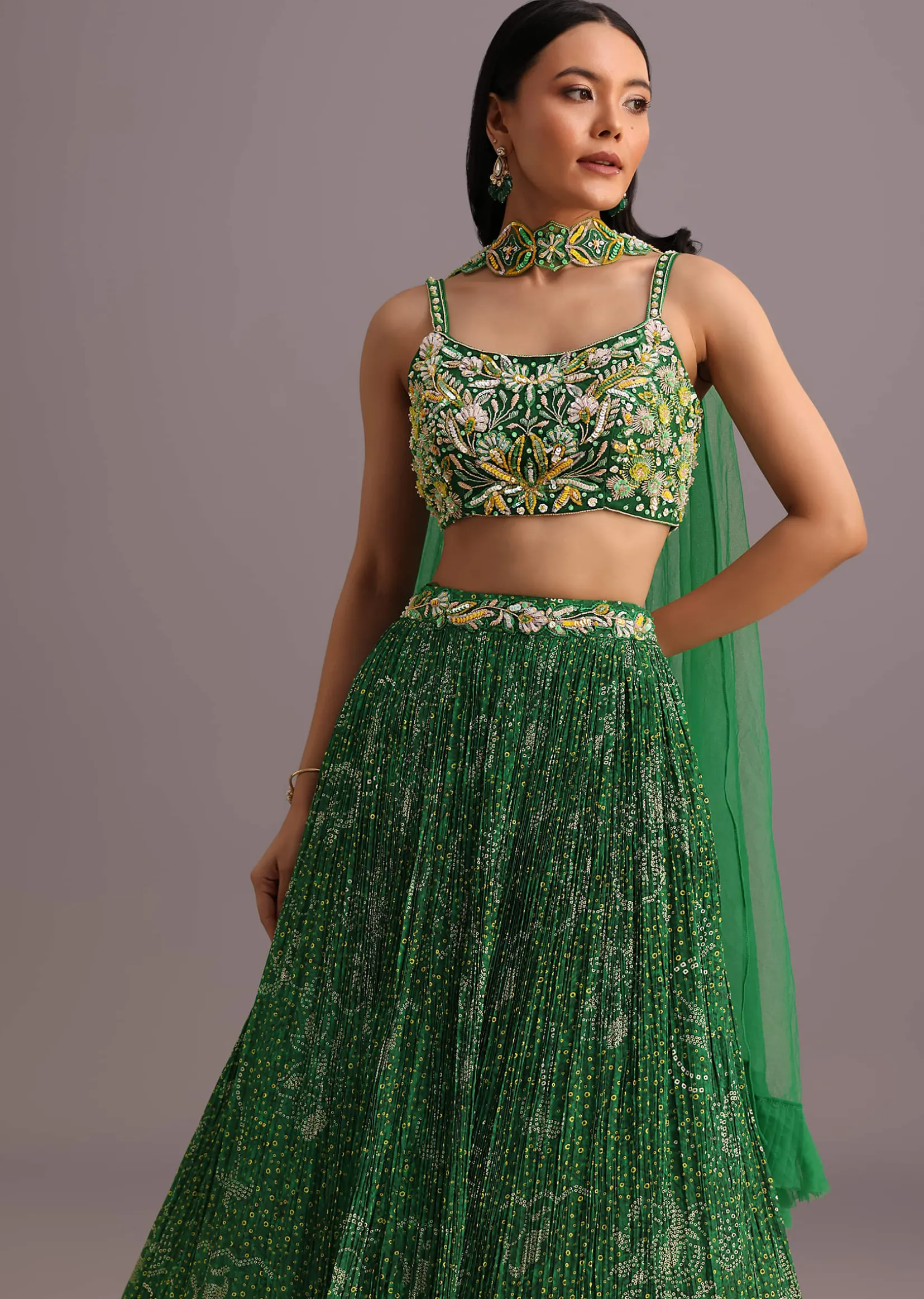 Green Hand Embroidered Choli With Bandhani Print Lehenga And Net Dupatta