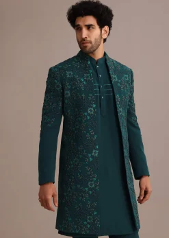Green Hand Embroidered Indo Western Suit