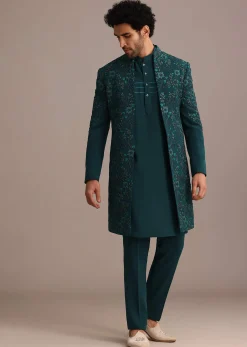 Green Hand Embroidered Indo Western Suit