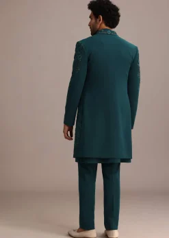 Green Hand Embroidered Indo Western Suit