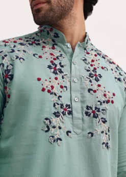Green Handwork Embroidered Kurta Set For Men