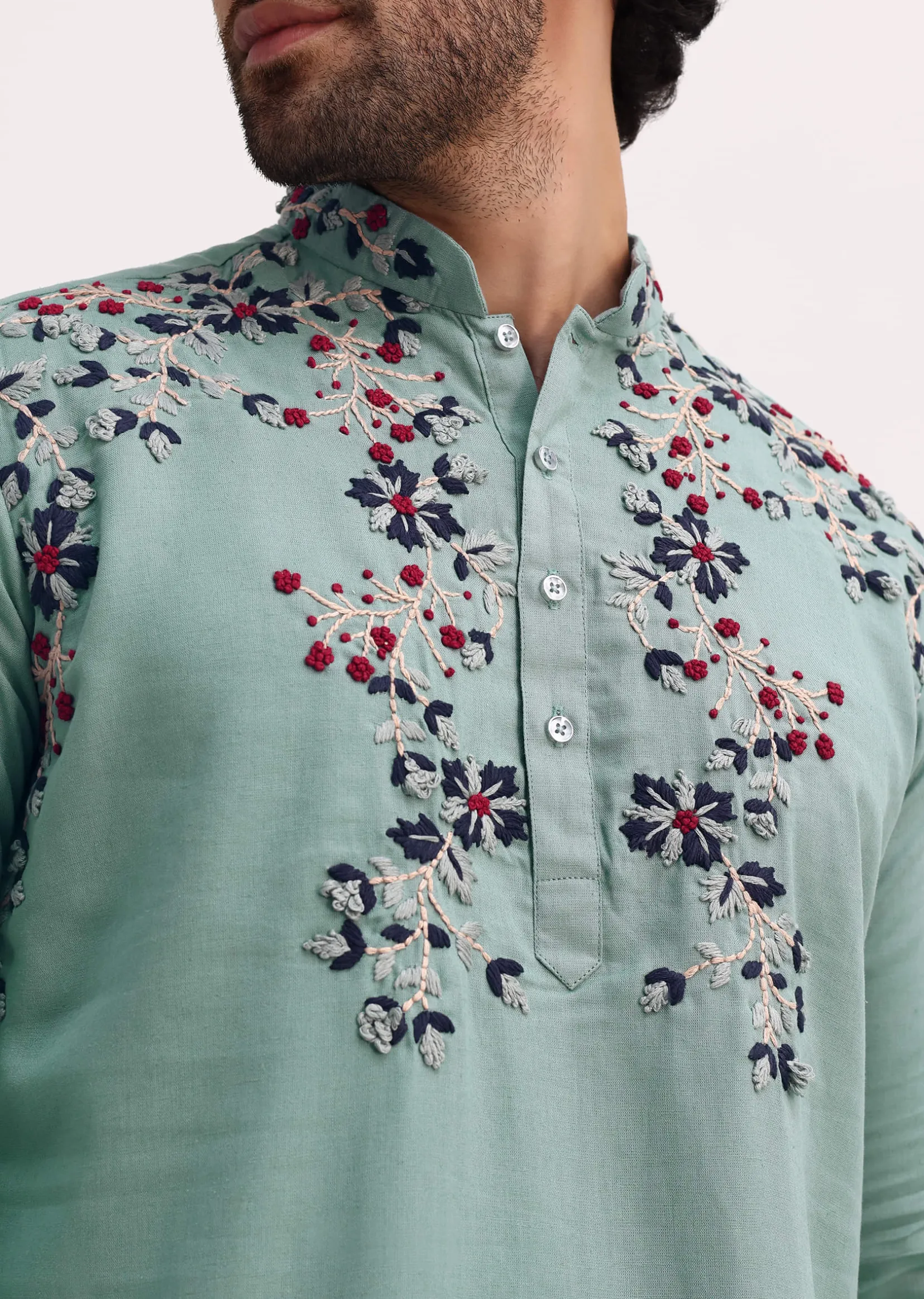 Green Handwork Embroidered Kurta Set For Men