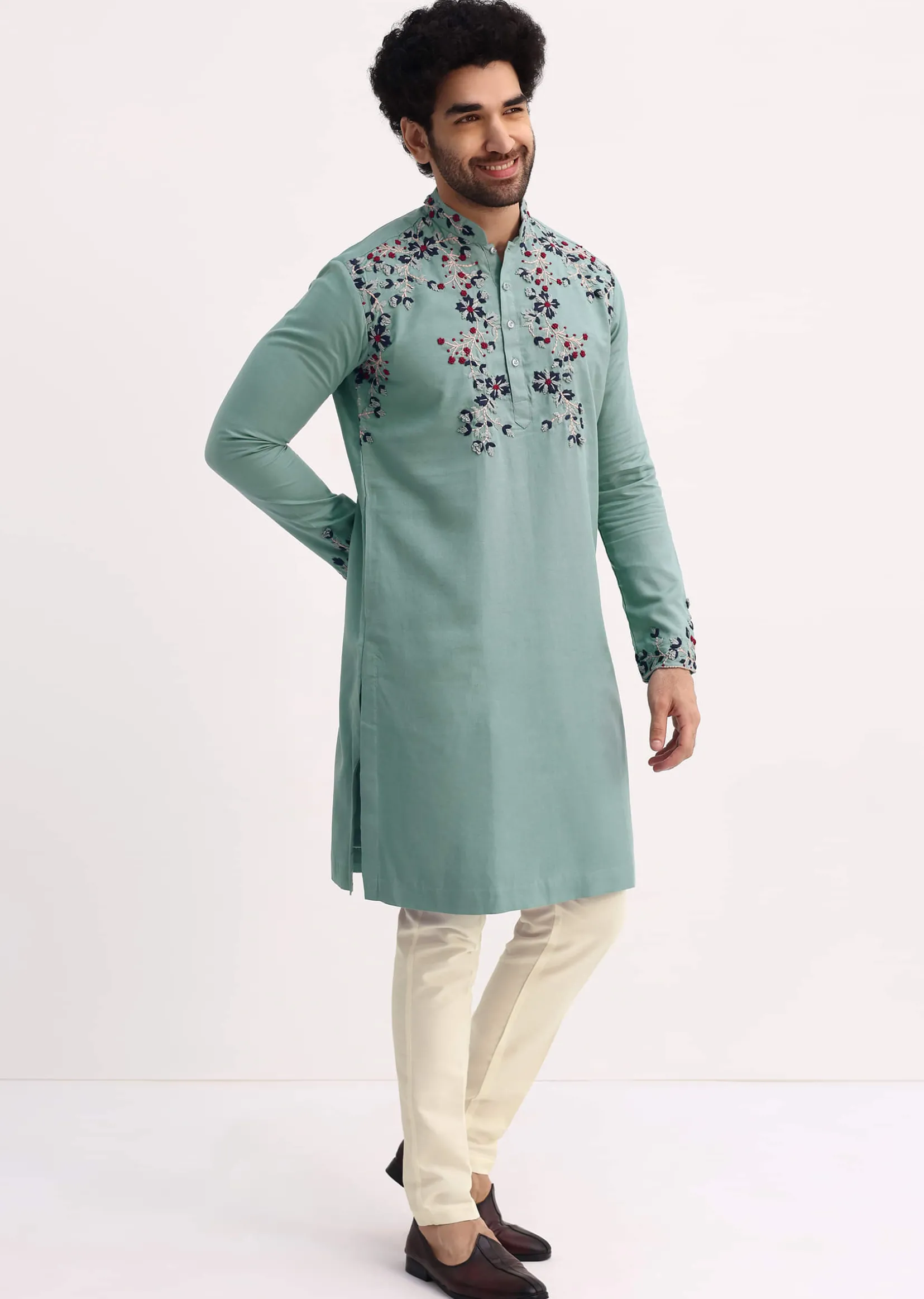 Green Handwork Embroidered Kurta Set For Men
