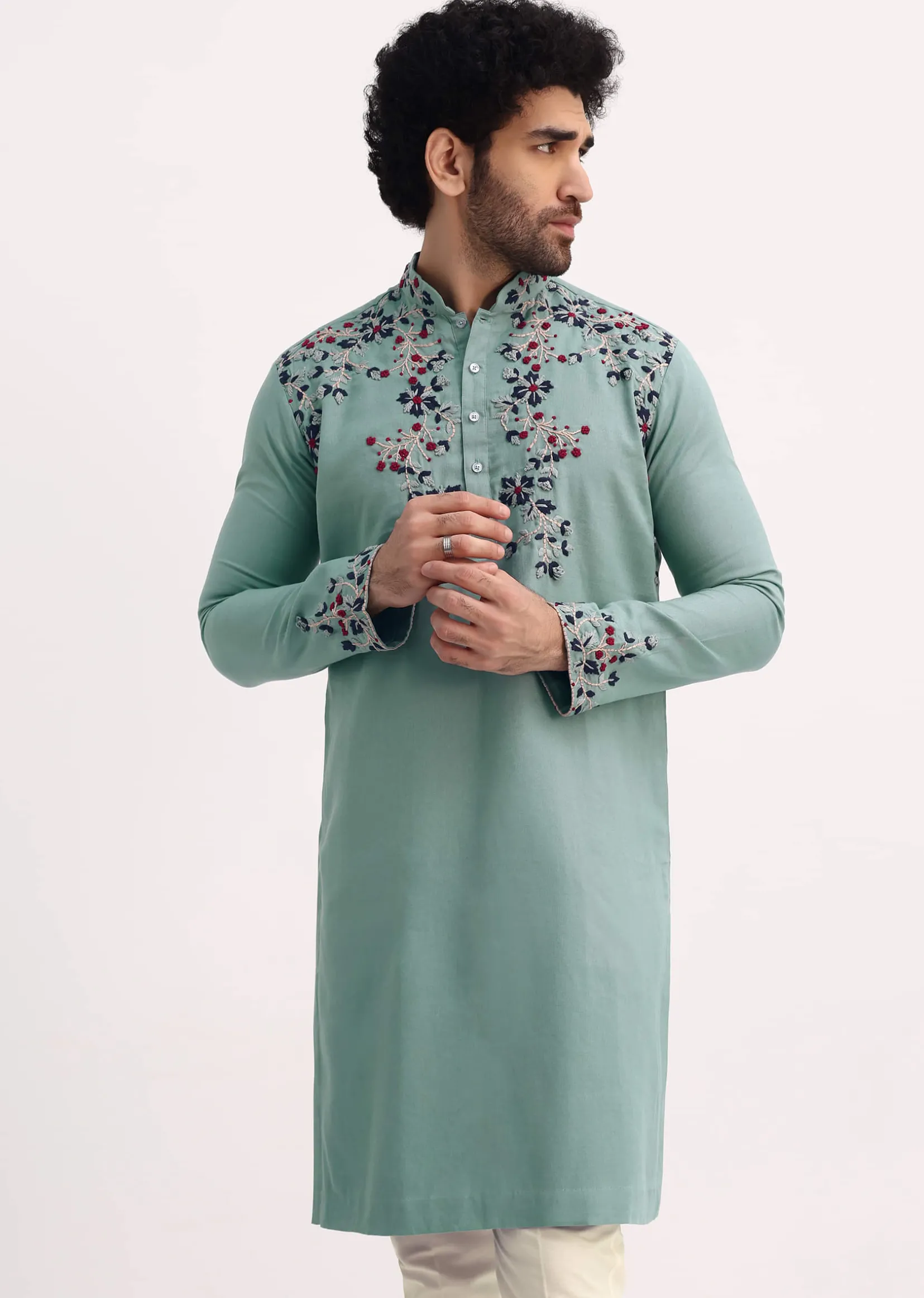 Green Handwork Embroidered Kurta Set For Men