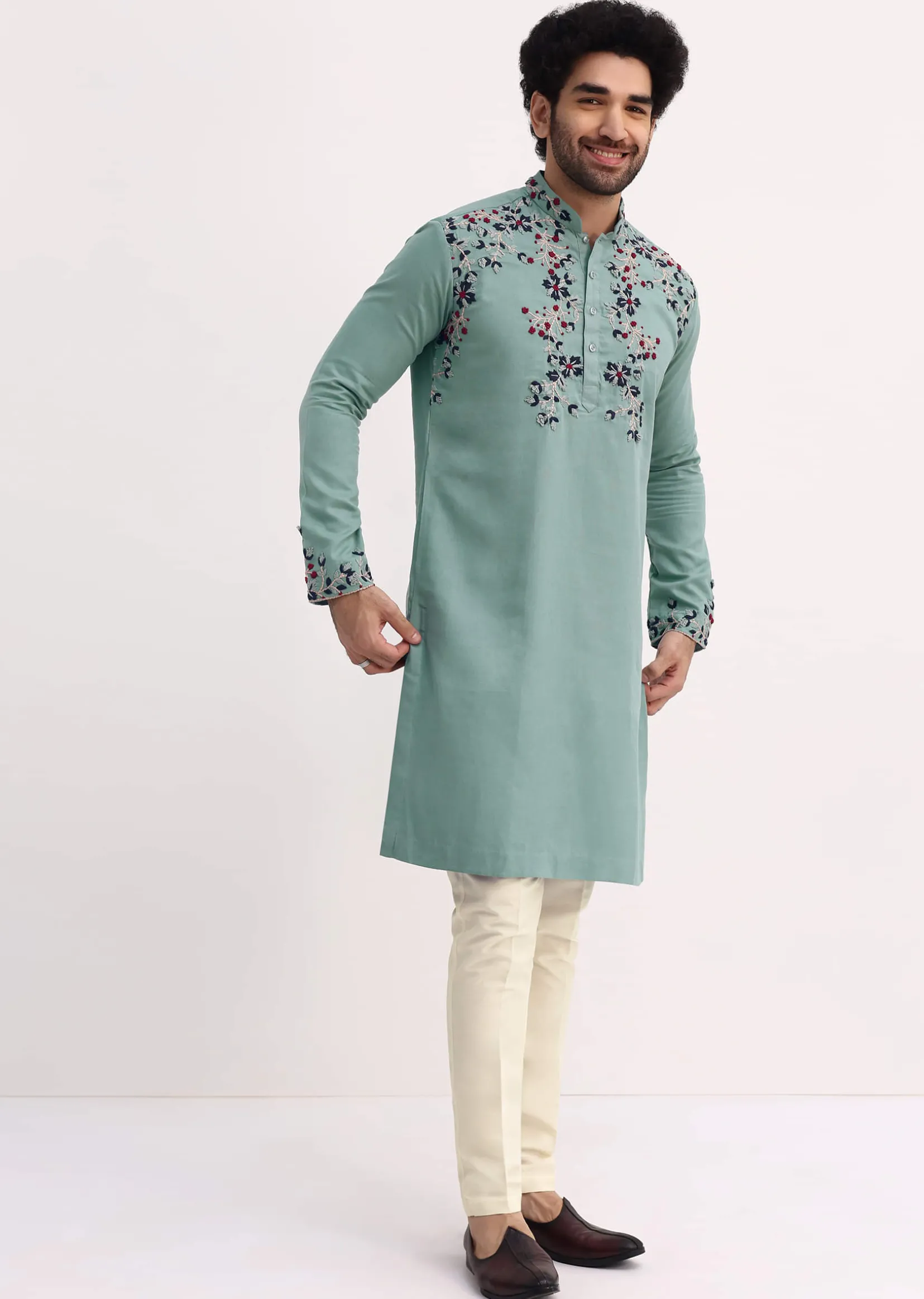 Green Handwork Embroidered Kurta Set For Men