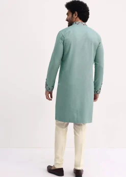 Green Handwork Embroidered Kurta Set For Men
