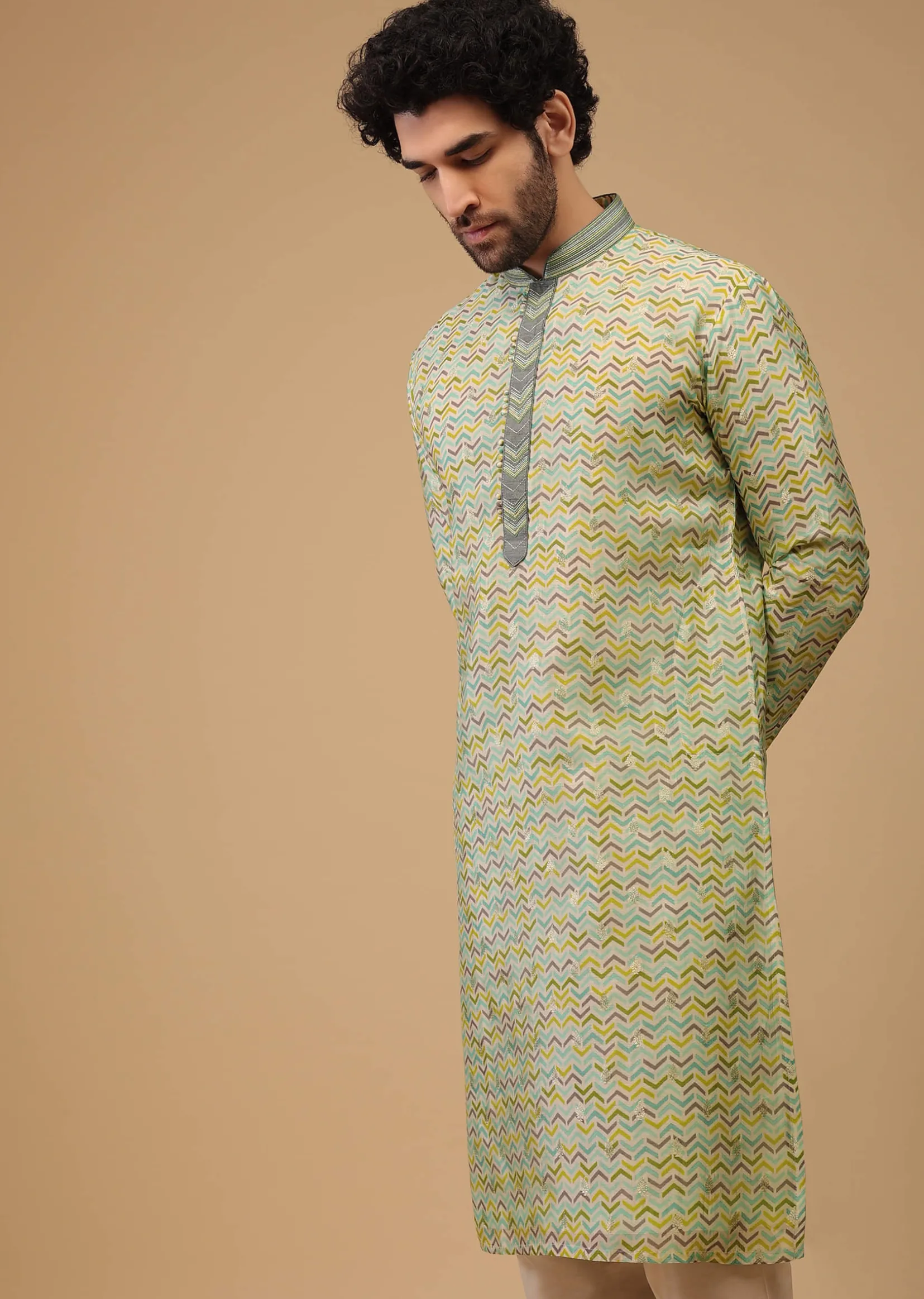 Green Handwoven Silk Printed Kurta Set