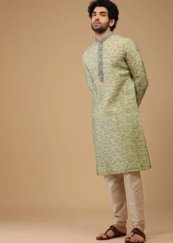 Green Handwoven Silk Printed Kurta Set