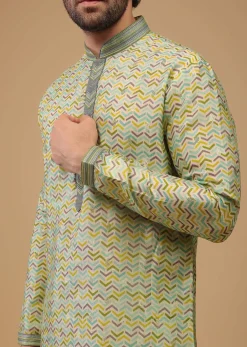 Green Handwoven Silk Printed Kurta Set