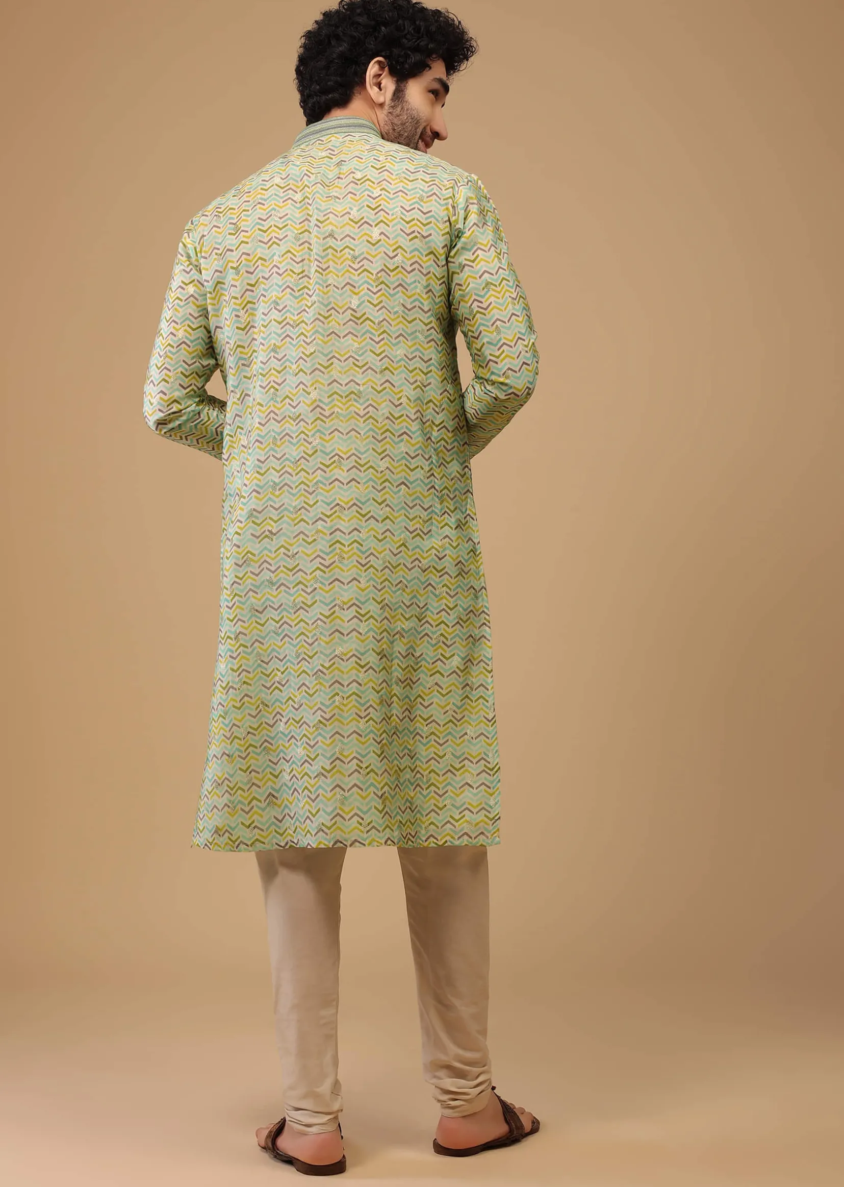 Green Handwoven Silk Printed Kurta Set
