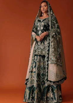 Green Heavily Embroidered Bridal Sharara Suit Set In Velvet