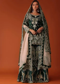 Green Heavily Embroidered Bridal Sharara Suit Set In Velvet