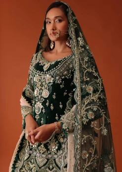 Green Heavily Embroidered Bridal Sharara Suit Set In Velvet