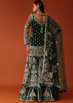 Green Heavily Embroidered Bridal Sharara Suit Set In Velvet