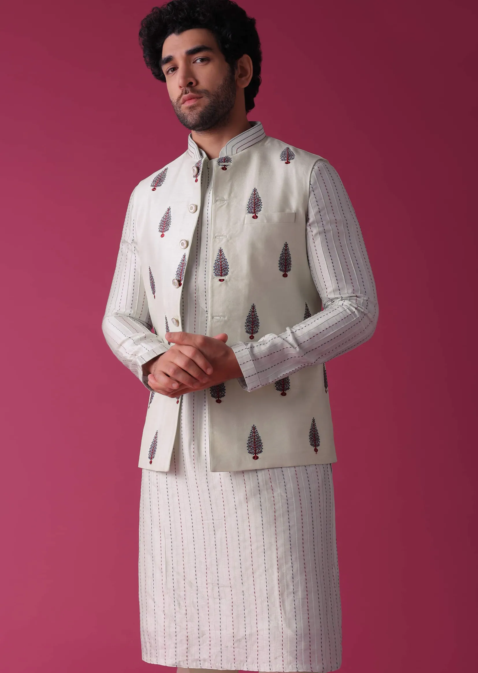 Green Jacket Kurta Set In Art Silk With Threadwork
