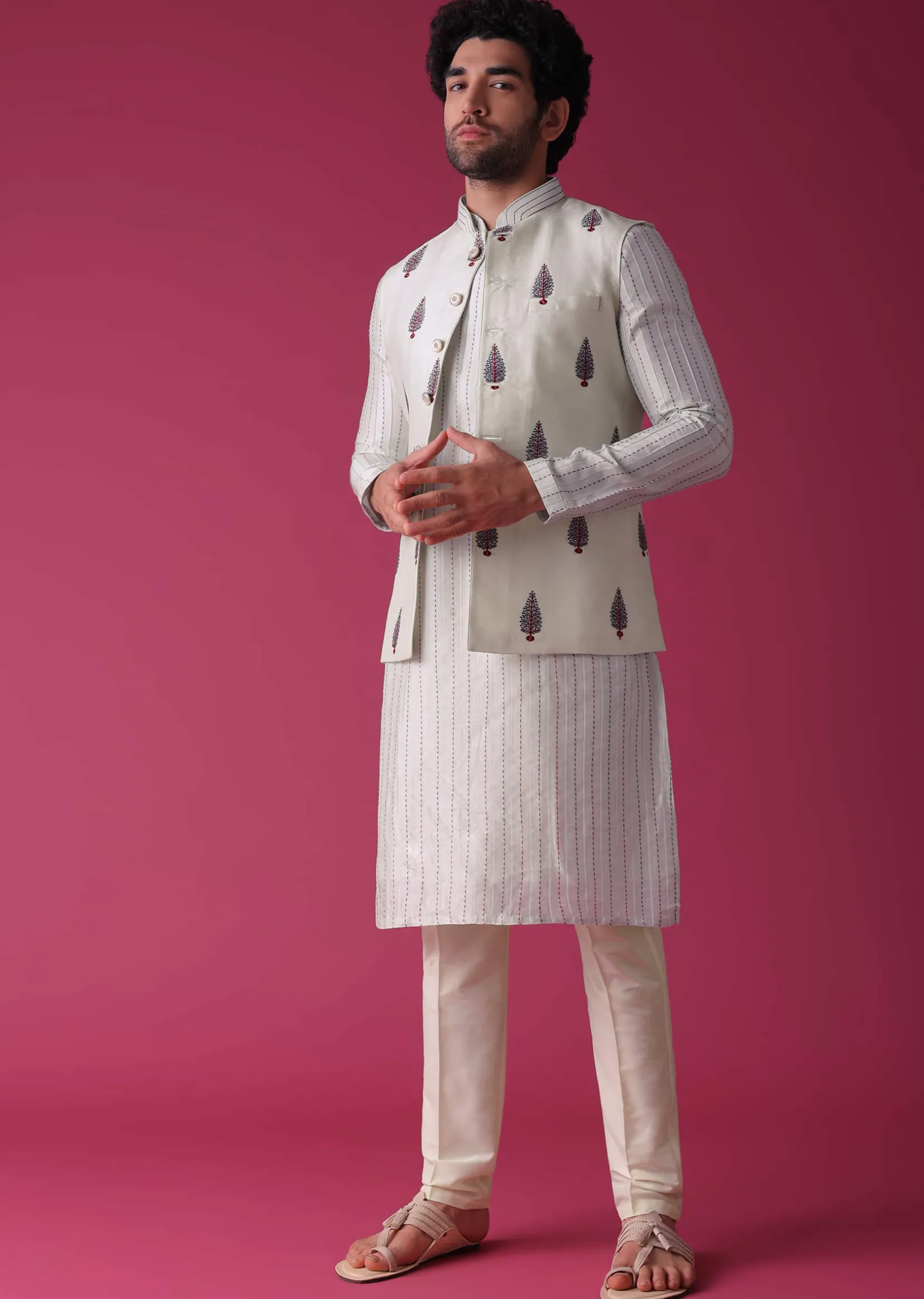 Green Jacket Kurta Set In Art Silk With Threadwork