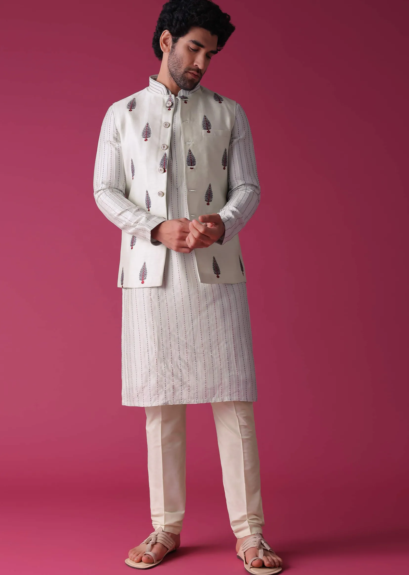 Green Jacket Kurta Set In Art Silk With Threadwork