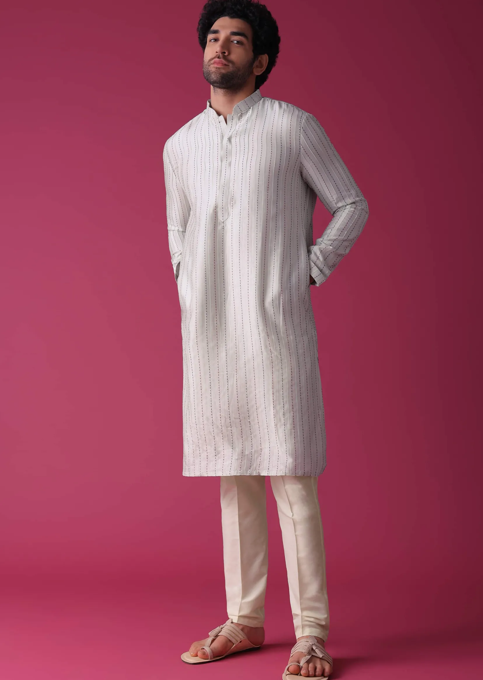 Green Jacket Kurta Set In Art Silk With Threadwork