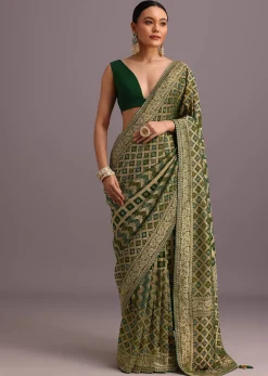 Green Khaddi Georgette Bandhani Saree With Zari Jaal Motif Weave