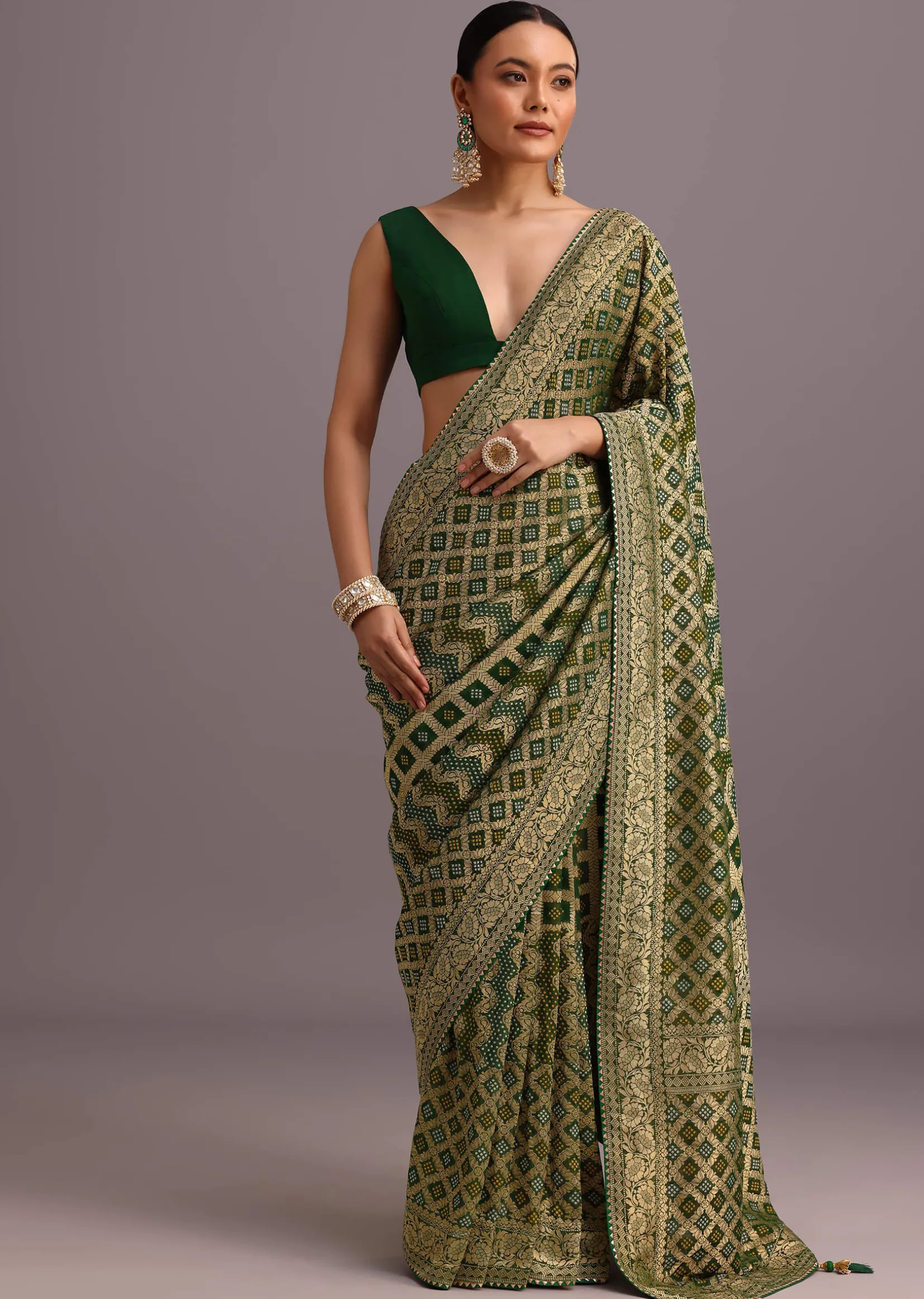 Green Khaddi Georgette Bandhani Saree With Zari Jaal Motif Weave