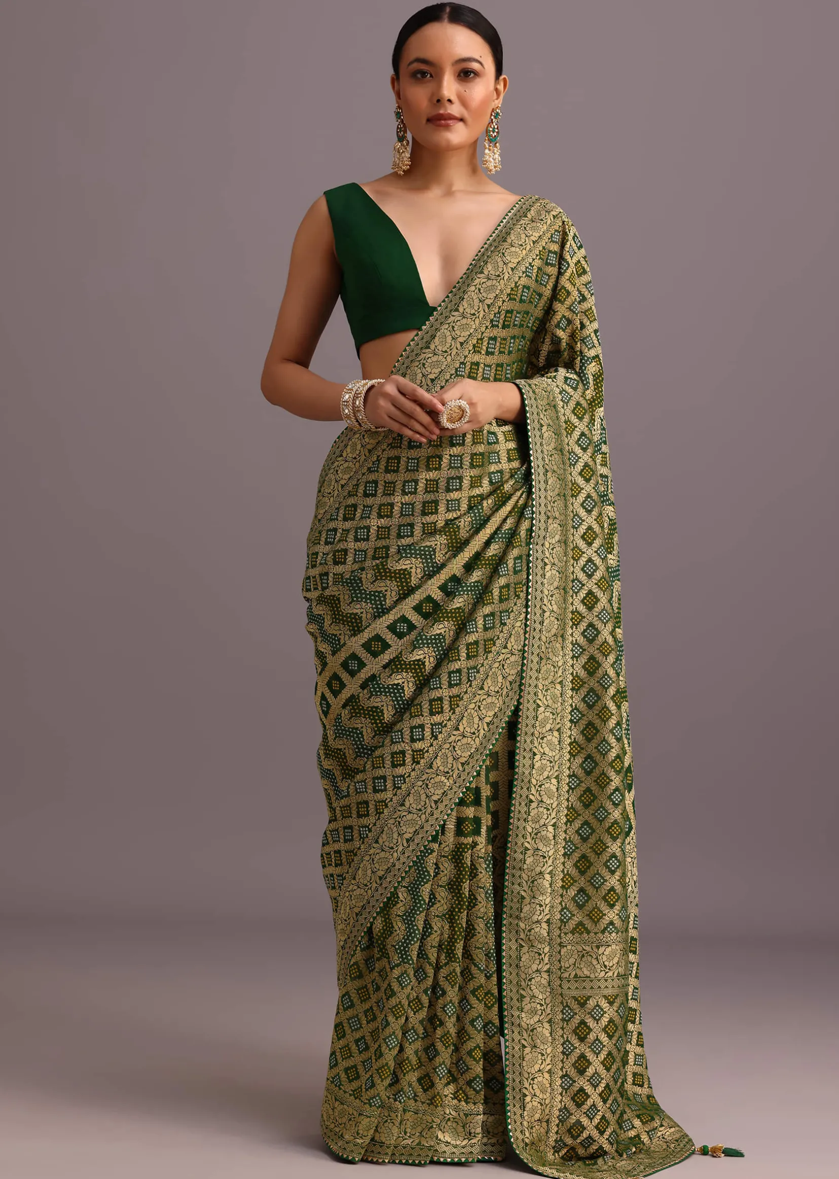 Green Khaddi Georgette Bandhani Saree With Zari Jaal Motif Weave