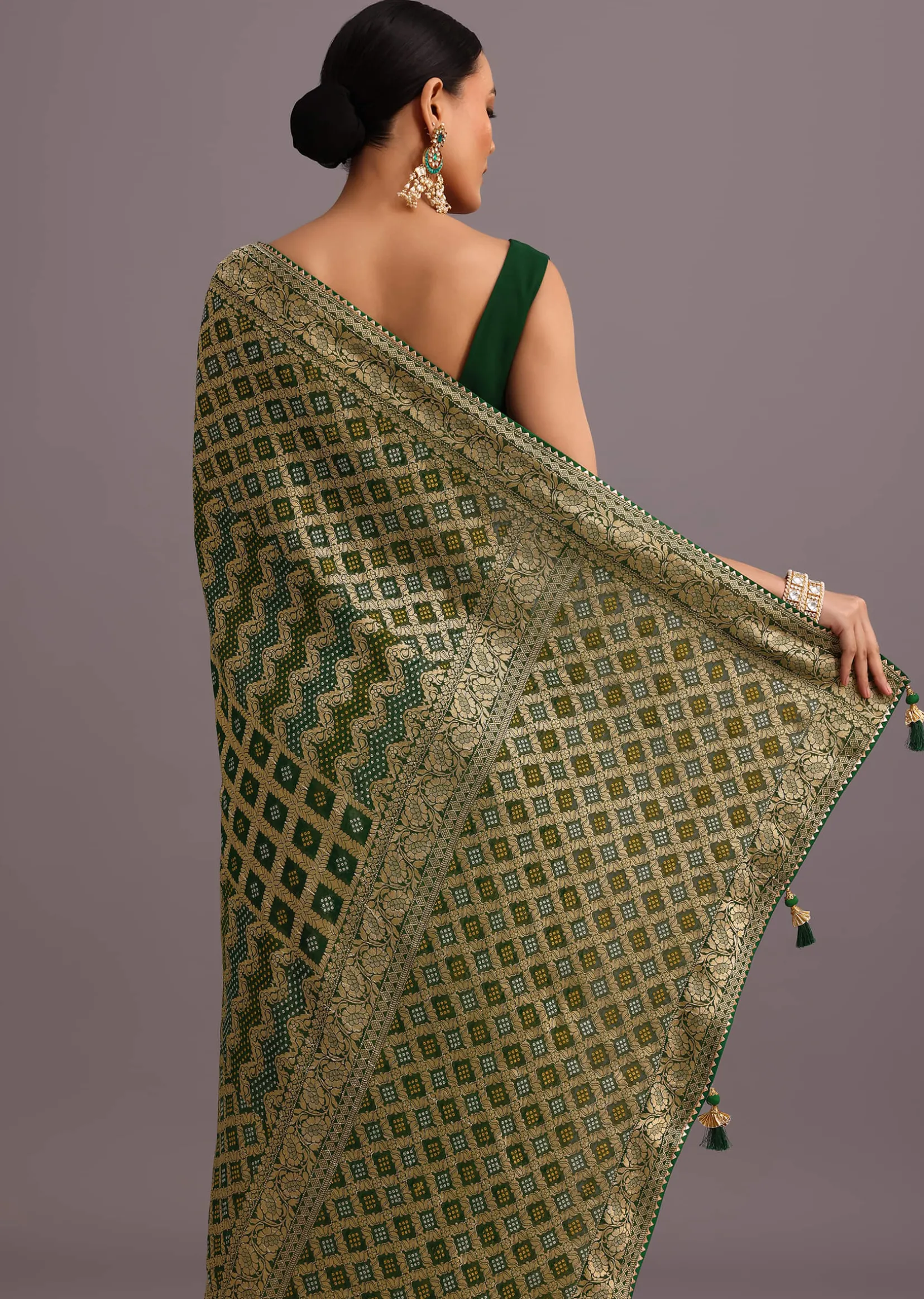 Green Khaddi Georgette Bandhani Saree With Zari Jaal Motif Weave