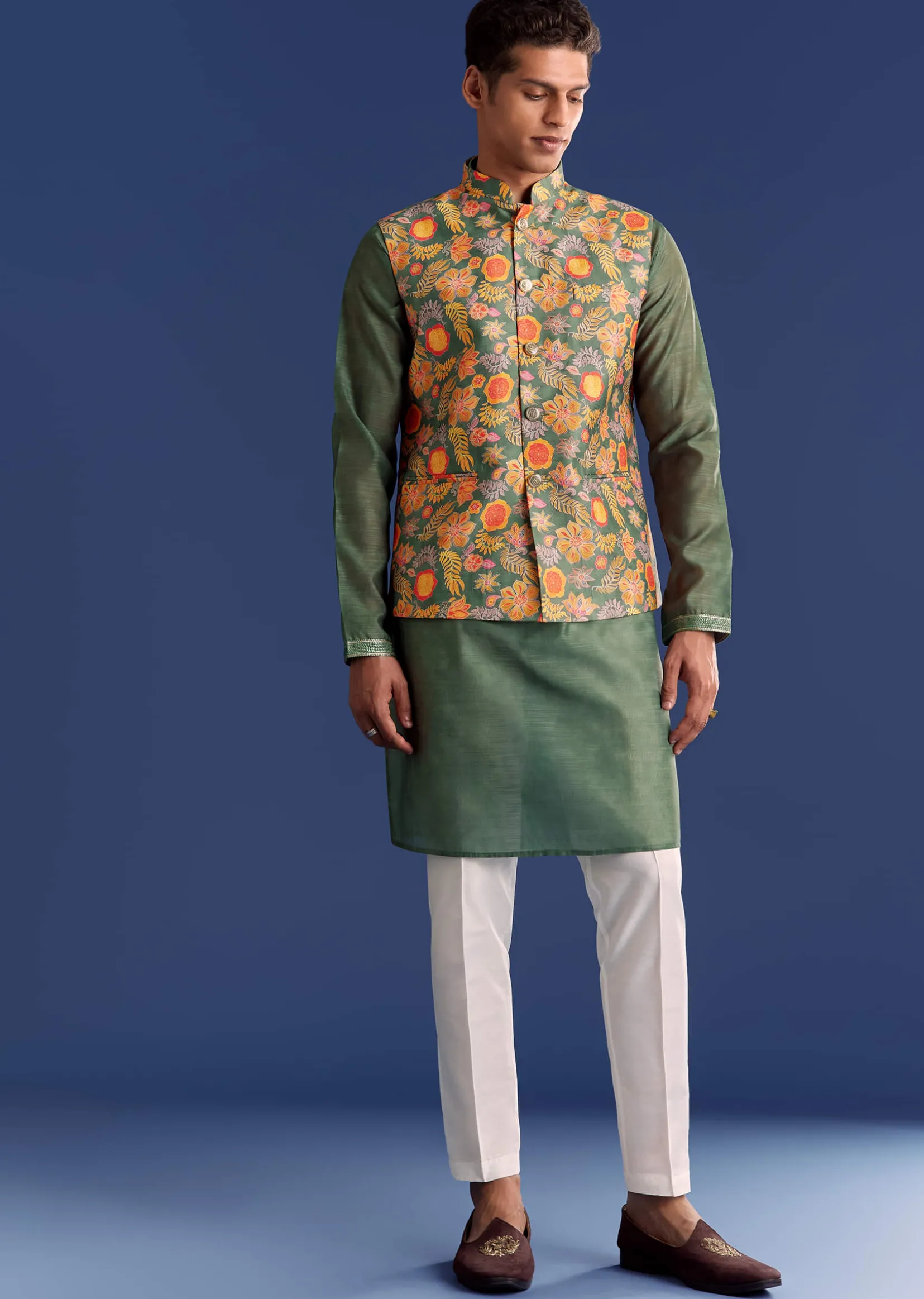 Green Kurta Jacket Set With Floral And Vine Prints