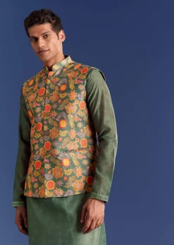 Green Kurta Jacket Set With Floral And Vine Prints