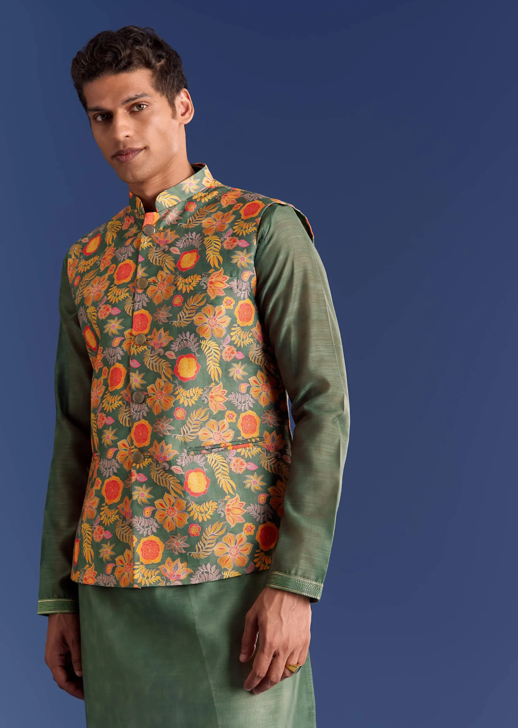Green Kurta Jacket Set With Floral And Vine Prints