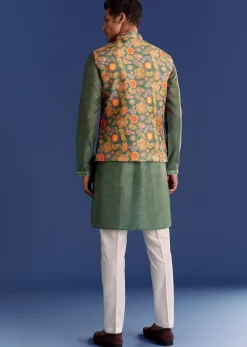 Green Kurta Jacket Set With Floral And Vine Prints