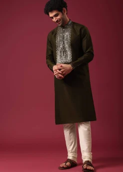 Green Kurta Set In Silk with Leather Work