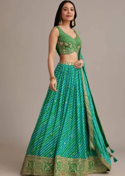 Green Leheriya Lehenga Set With Zardosi And Sequins Work
