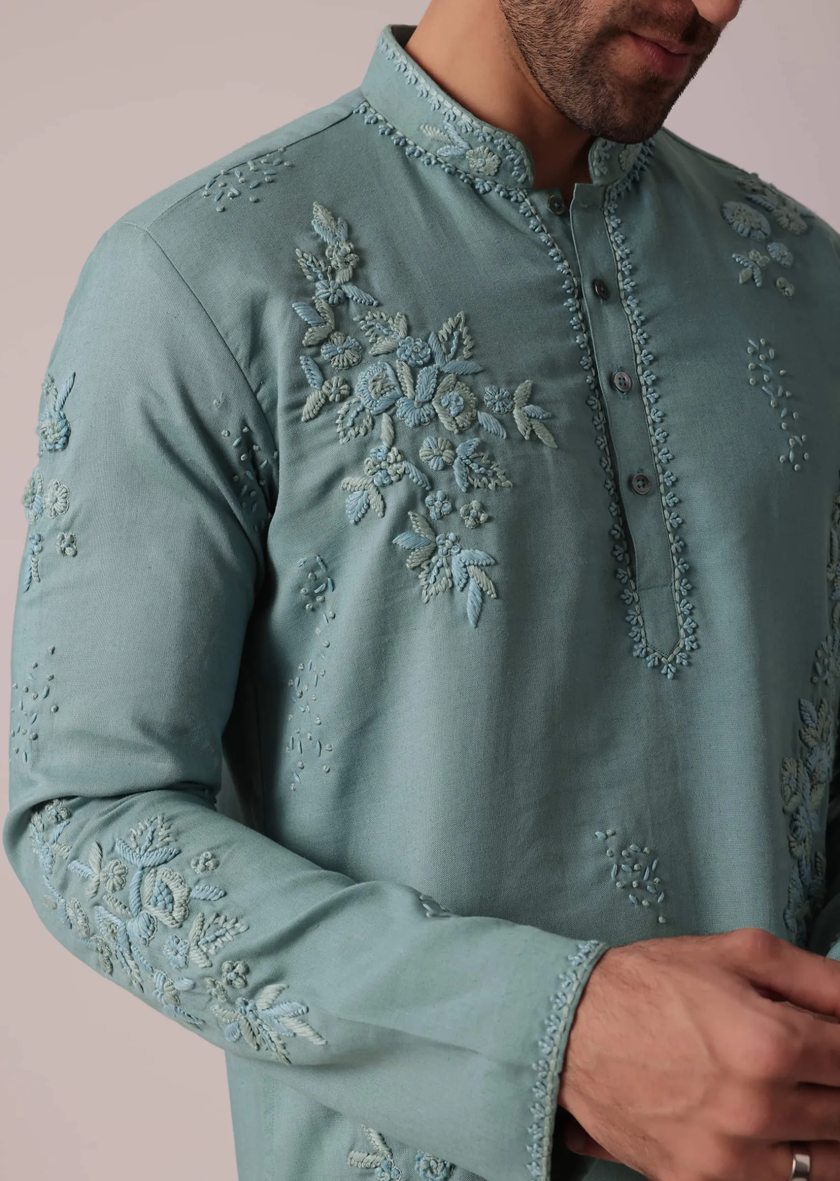 Green Linen Kurta Set For Festive