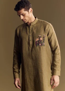 Green Linen Kurta Set With Hand Embroidered Detailing