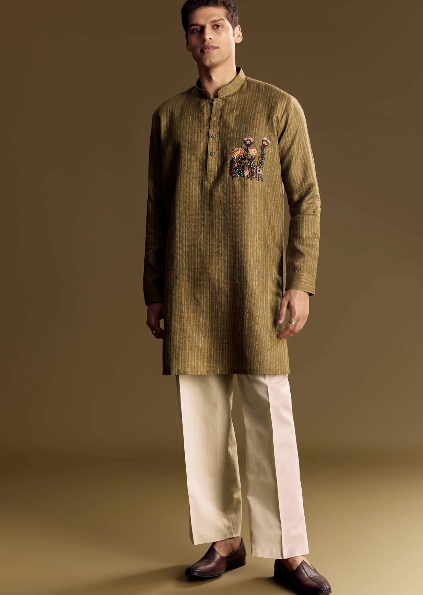 Green Linen Kurta Set With Hand Embroidered Detailing