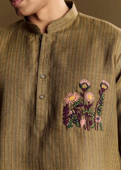 Green Linen Kurta Set With Hand Embroidered Detailing