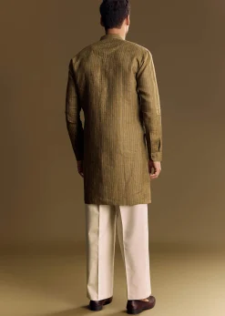 Green Linen Kurta Set With Hand Embroidered Detailing