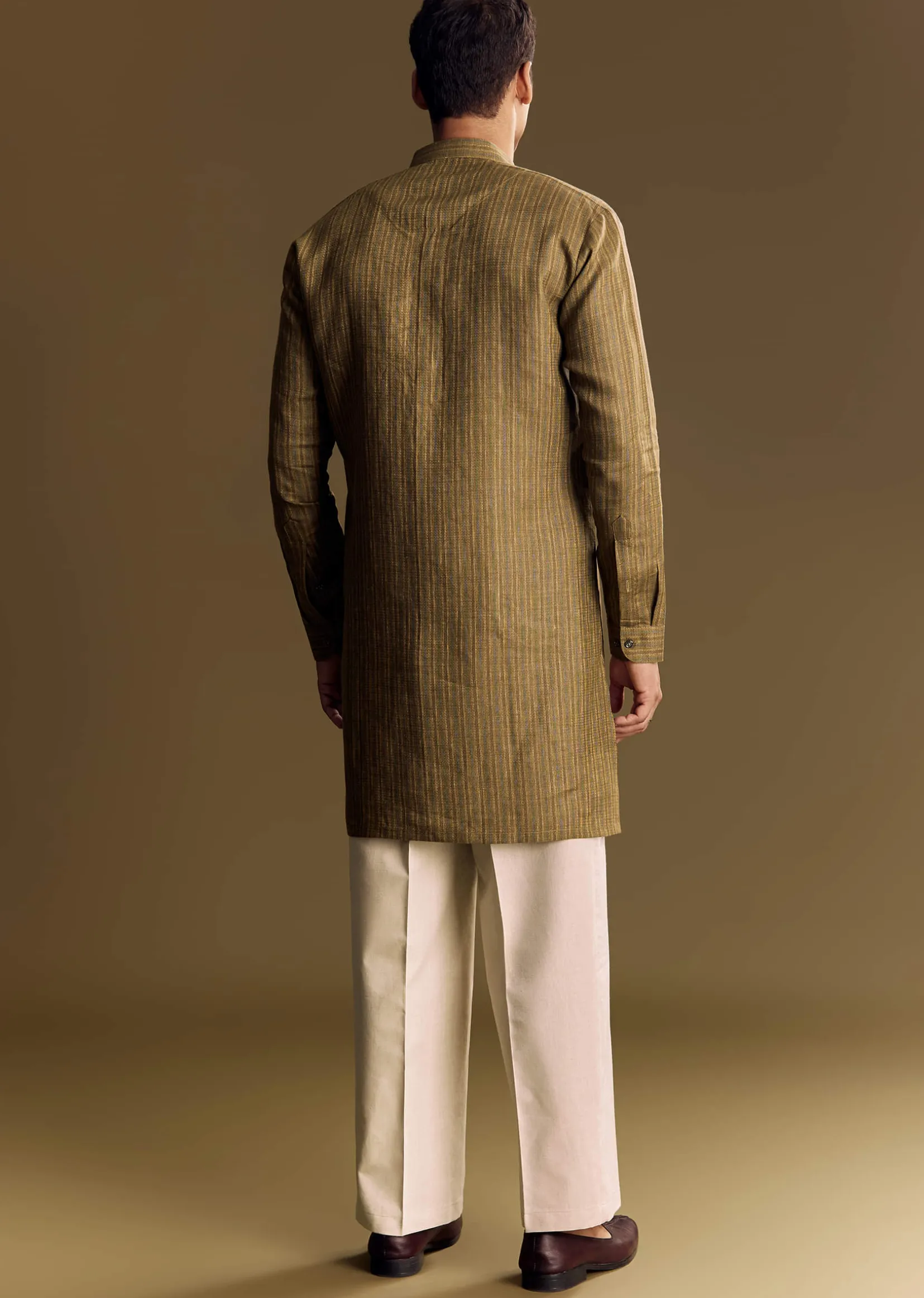 Green Linen Kurta Set With Hand Embroidered Detailing