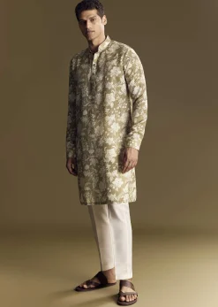 Green Linen Kurta Set With Kantha Embroidery
