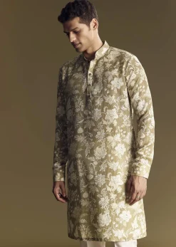 Green Linen Kurta Set With Kantha Embroidery