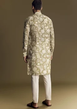 Green Linen Kurta Set With Kantha Embroidery