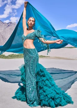 Green Mermaid Style Heavy Embroidered Skirt Set